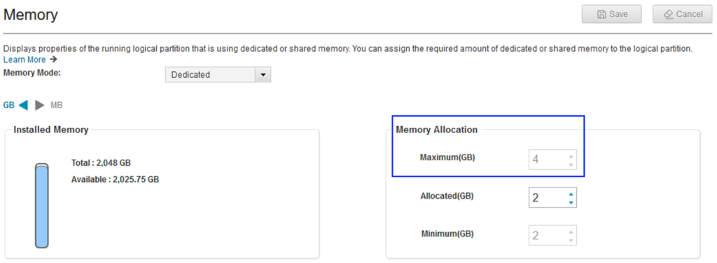 Adjusting the minimum and maximum settings in a partition profile. AIX 7.3 Live Update with TL3.